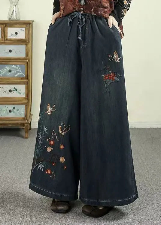 Style Warm Fleece Embroidered Denim Wide Leg Pants