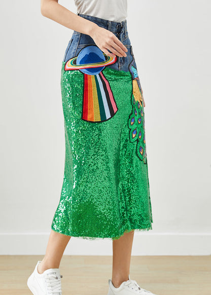 Diy Peacock Embroideried Patchwork Sequins Denim Skirt Fall