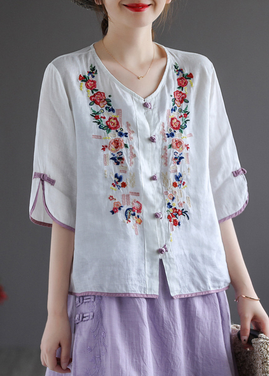 Modern White V Neck Embroideried Button Linen Shirt Half Sleeve