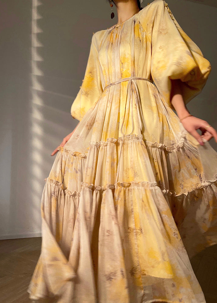 Vogue Yellow O-neck Print Tie Waist Chiffon Maxi Dresses Long Sleeve