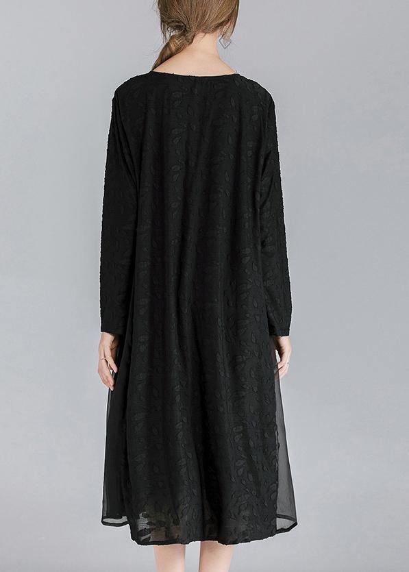 Simple Black Patchwork Chiffon Long Sleeve Spring Summer Dress
