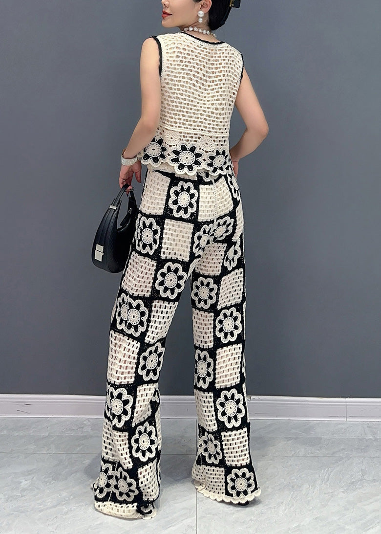 White O Neck Hollow Out Cotton Two-piece Set Sleeveless