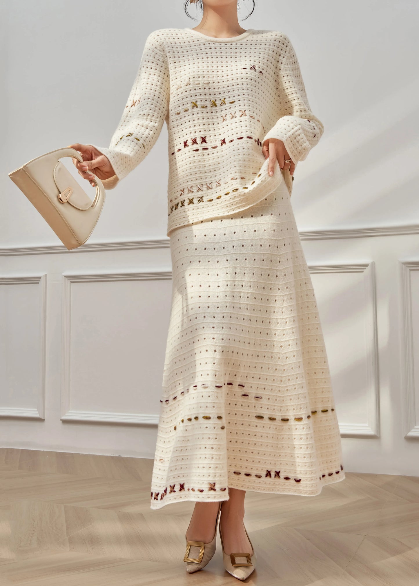 French Beige Hollow Out Sweaters and Skirts Knit Two Pieces Set Fall