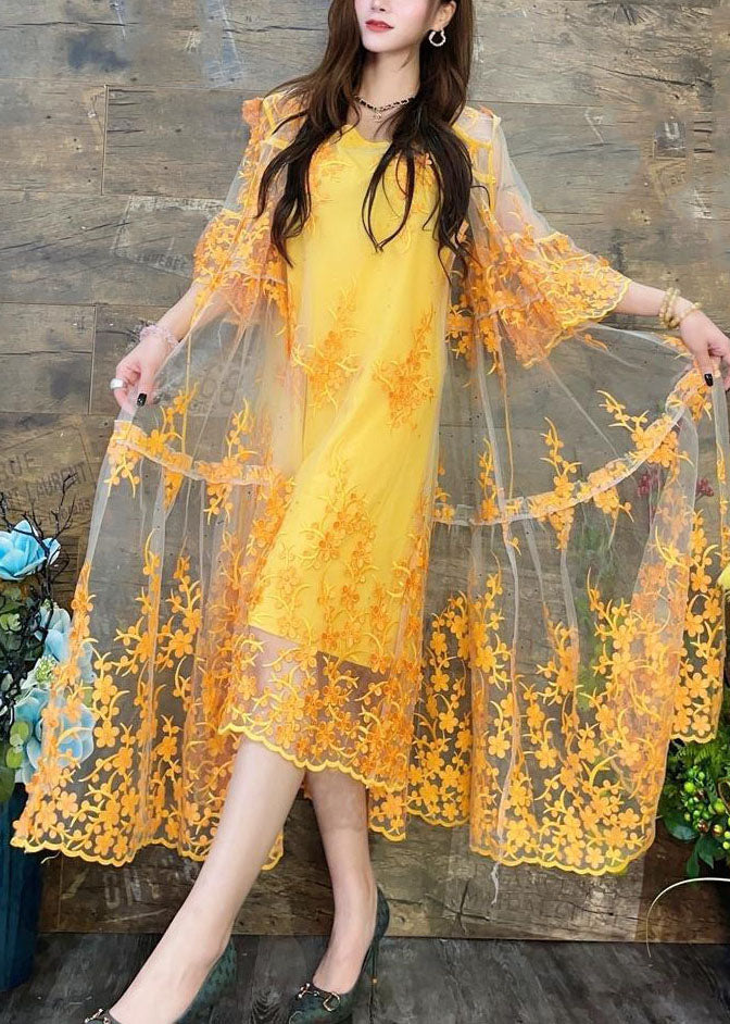 Yellow Hooded Embroideried Patchwork Tulle Two Pieces Set Summer