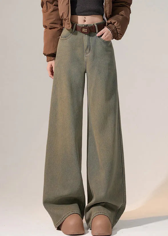 Nostalgic Blue Pockets Warm Fleece Denim Wide Leg Pants High Waist