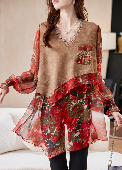 Fitted Red V Neck Print False Two Pieces Chiffon Shirts Spring