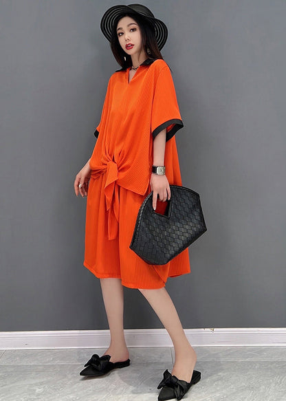 Red Draping Chiffon Long Shirt and Shorts Sets 2 Pieces Peter Pan Collar Side Open Summer