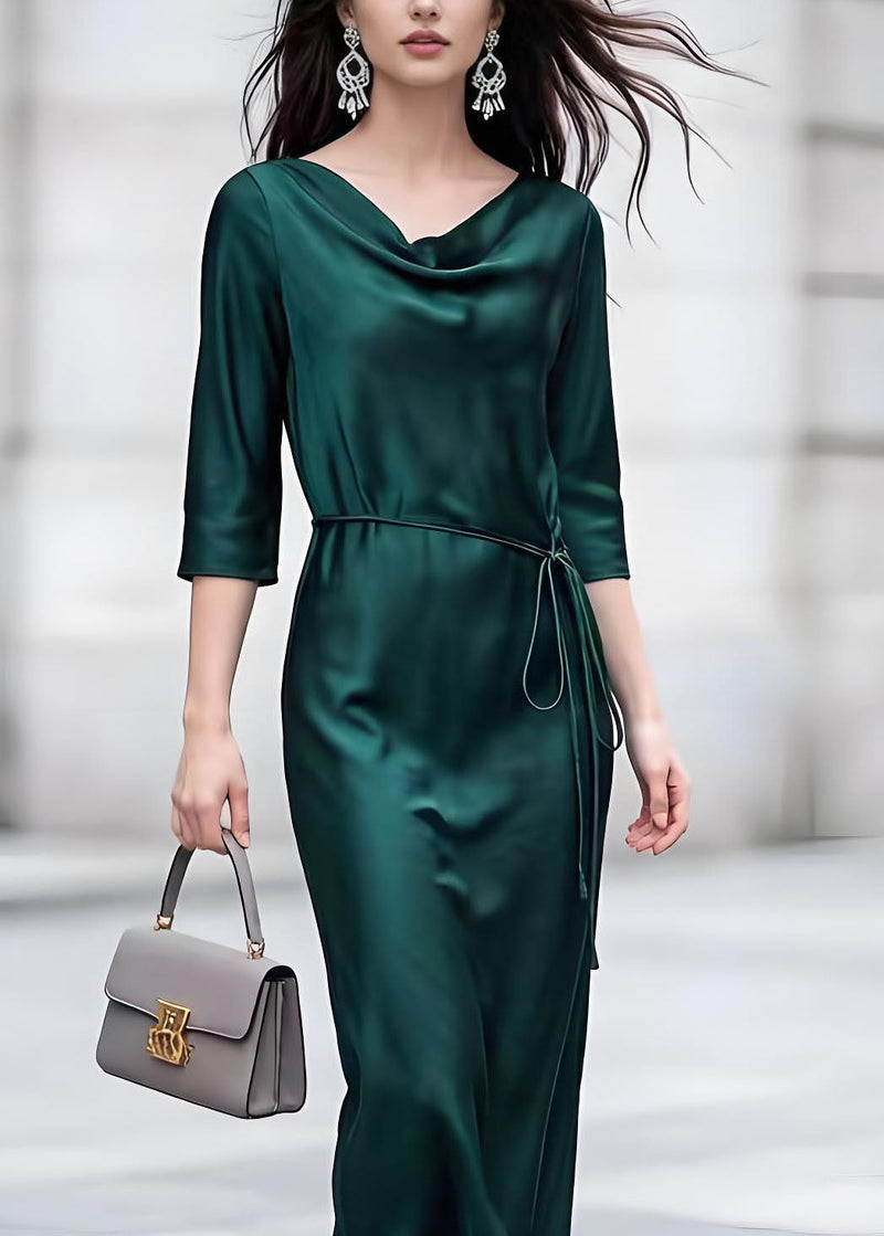 Classy Blackish Green Turtle Neck Lace Up Silk Dress Bracelet Sleeve