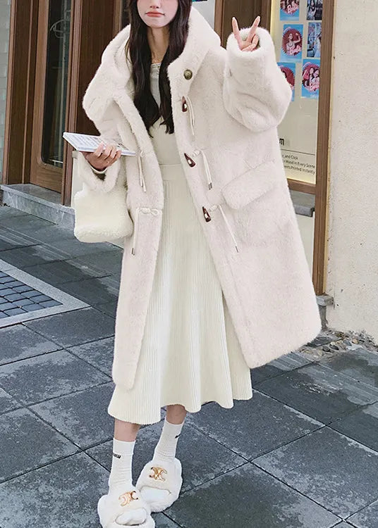 White Hooded Pockets Mink Velvet Coats Spring