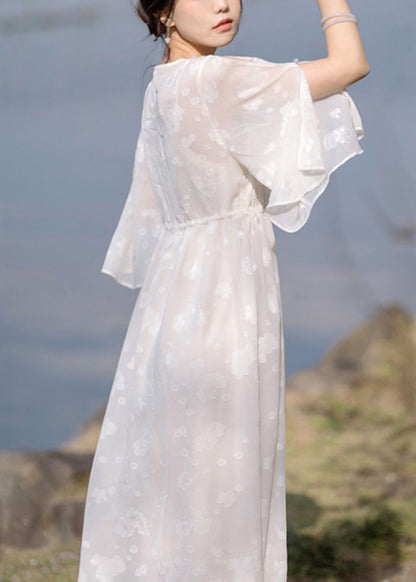 New White V Neck Lace Up Chiffon Two Pieces Set Half Sleeve