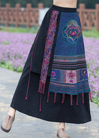 Handmade Navy Embroideried Elastic Waist Tassel Linen Skirt Fall