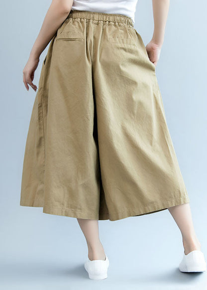 Khaki Pockets Cotton Wide Leg Pants Spring