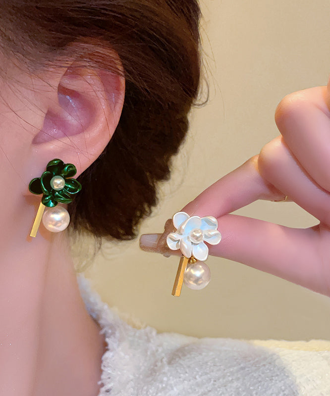 Diy Alloy Asymmetrical Gardenia Flower Pearl Stud Earrings