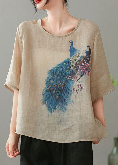 Light Khaki O Neck Print Cotton T Shirts Summer