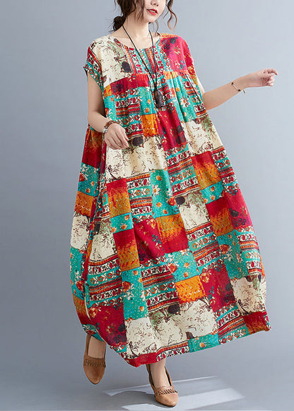 O-neck Patchwork Print Long Dresses Short Sleeve
