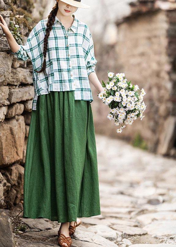 Green Elastic Waist a Line Skirts Summer Linen
