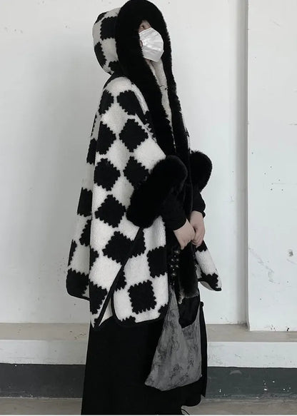 White Oversized Plaid Woolen Hooded Jacket Winter