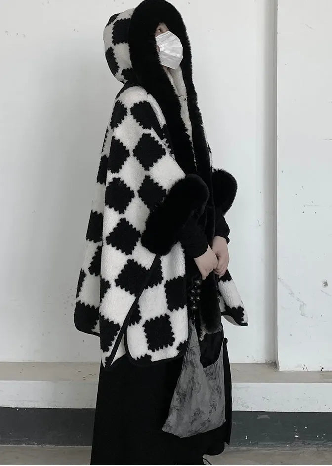 White Oversized Plaid Woolen Hooded Jacket Winter