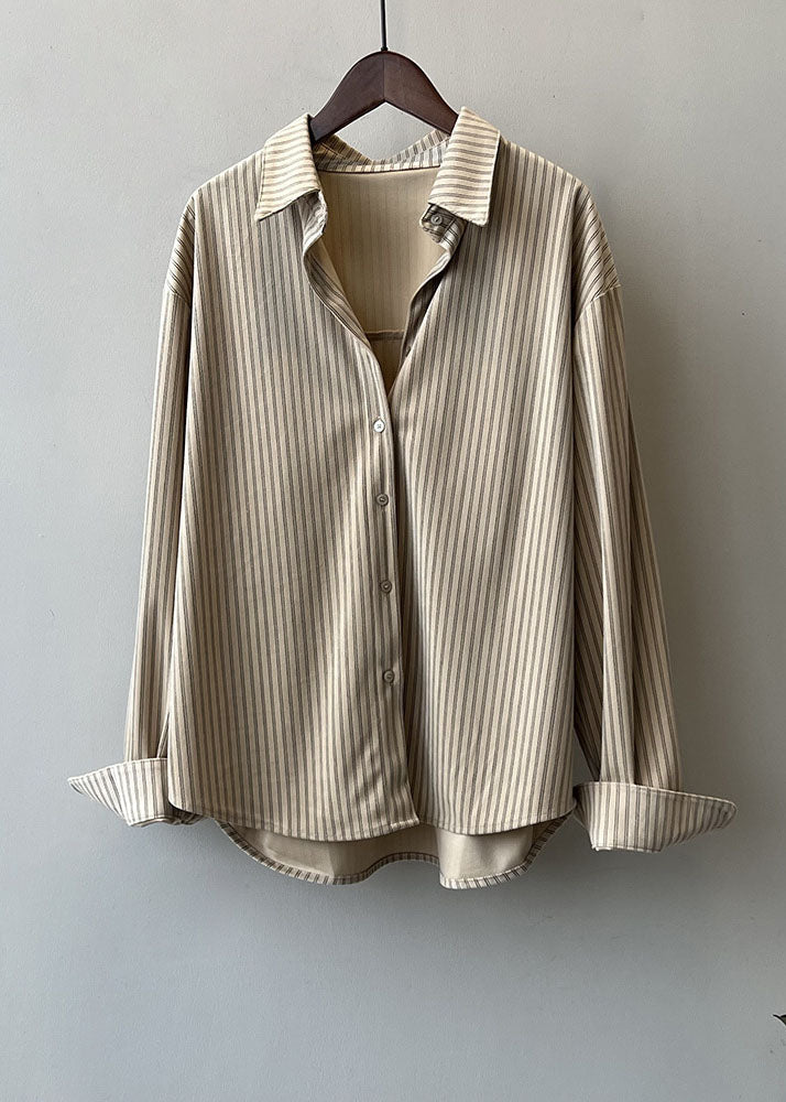 Mocha Peter Pan Collar Striped Low High Design Button Shirts Long Sleeve