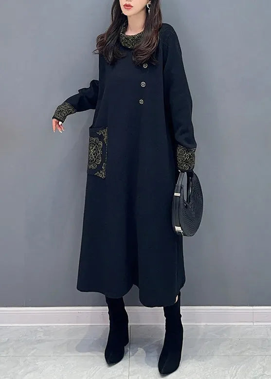 Classy Purple Hign Neck Pockets Patchwork Knit Long Dresses Fall