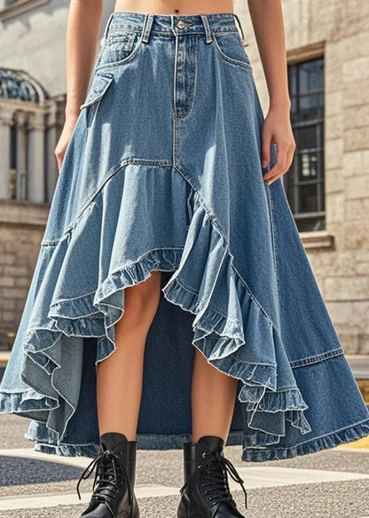 Style Blue Ruffled Exra Large Hem Denim Skirts Spring