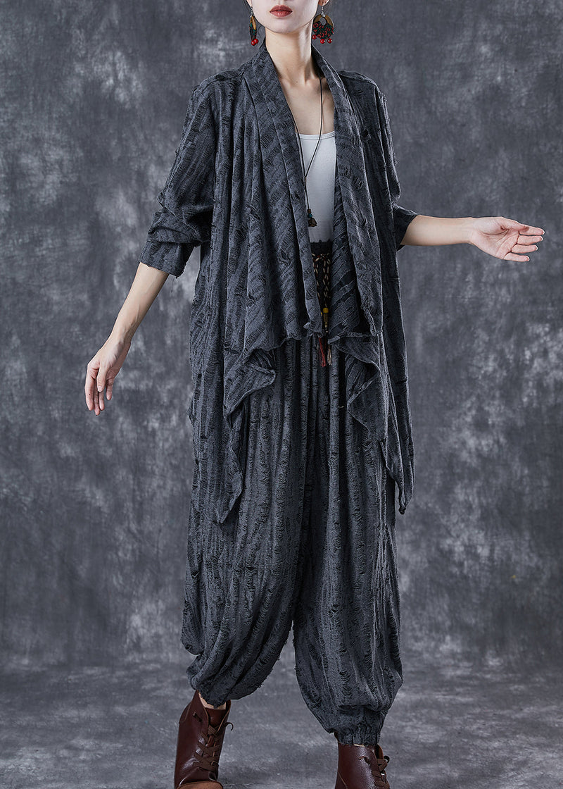 Grey Asymmetrical Cotton Ripped Two Pieces Set Fall