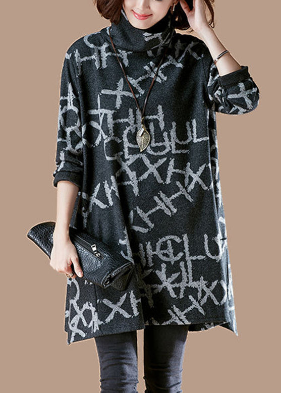 Black Turtleneck Alphabet Print Warm Fleece Thick Cotton Pullover Fall