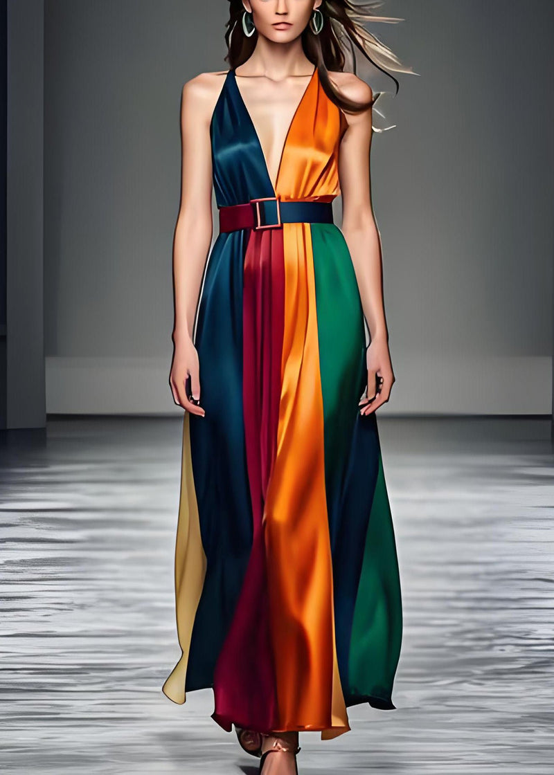 Colorblock V Neck Tie Waist Silk Long Dress Sleeveless