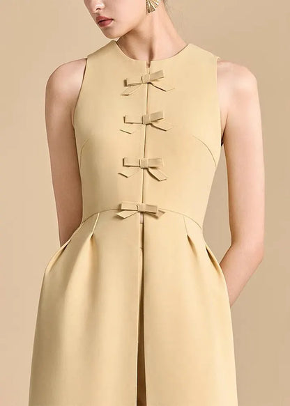 Art Yellow Wrinkled Side Open Dresses and Pants Cotton Two Pieces Set Sleeveless