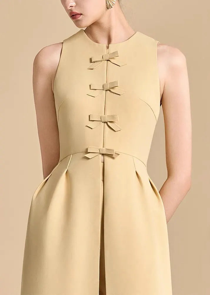 Art Yellow Wrinkled Side Open Dresses and Pants Cotton Two Pieces Set Sleeveless