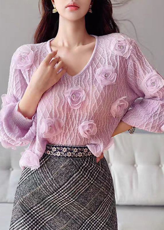 Purple V Neck Knit Sweater Lantern Sleeve Fall