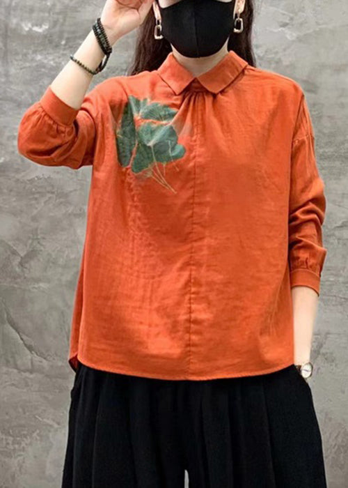 Orange Button Linen Shirt Peter Pan Collar Long Sleeve