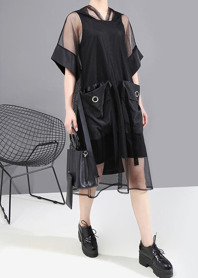 Summer Woman Black Mesh Hooded Dress