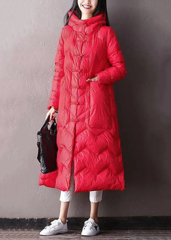 Loose Green Hooded Chinese Button Side Open Duck Down Long Coat Winter