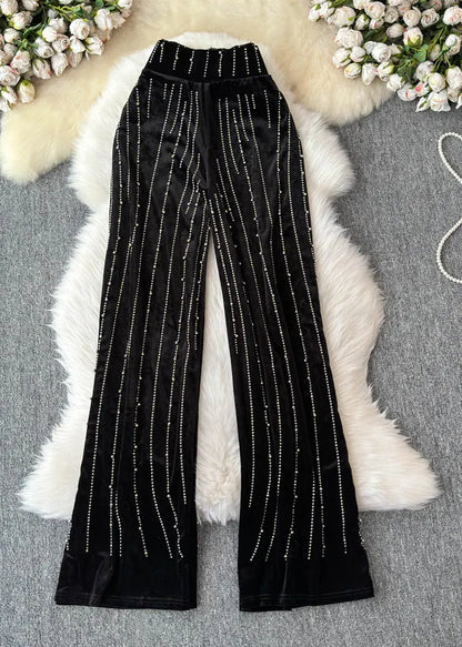 Mulberry Striped Zircon Silk Velvet Wide Leg Pants Spring