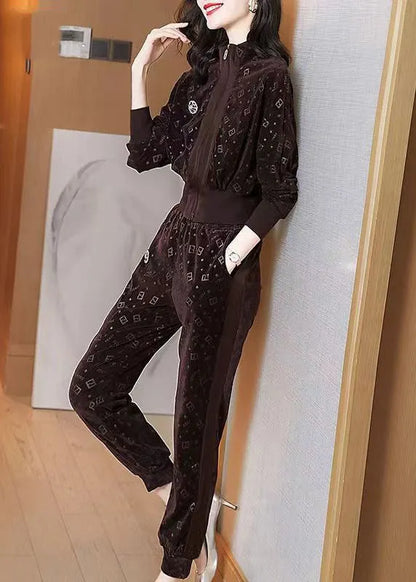 Coffee Zip Up Print Pockets Velour Two-piece Set Spring
