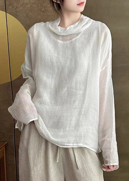 Simple White Turtle Neck Patchwork Linen Shirts Long Sleeve