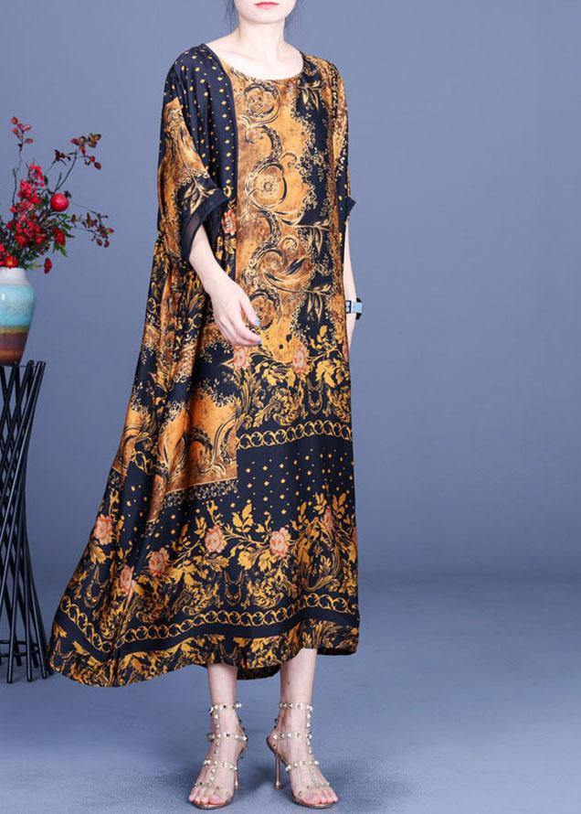 Chocolate Print O-neck Silk Summer Party Dress
