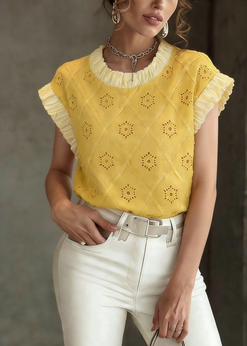 Yellow Patchwork Hollow Out T Shirt Summer