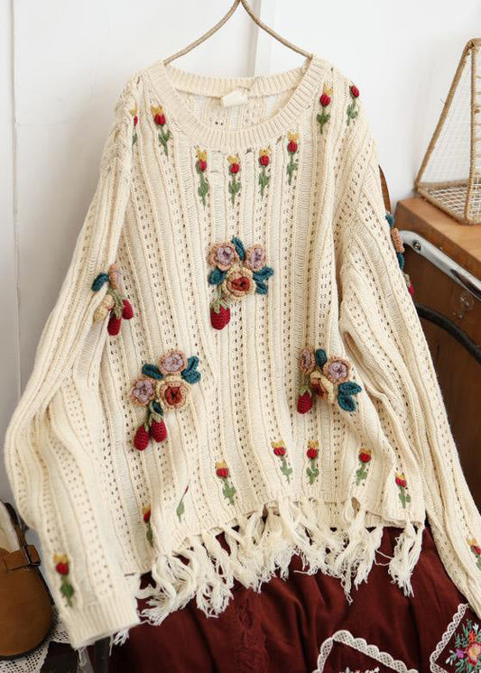 Beige Tasseled Hollow Out Knit Sweaters Spring
