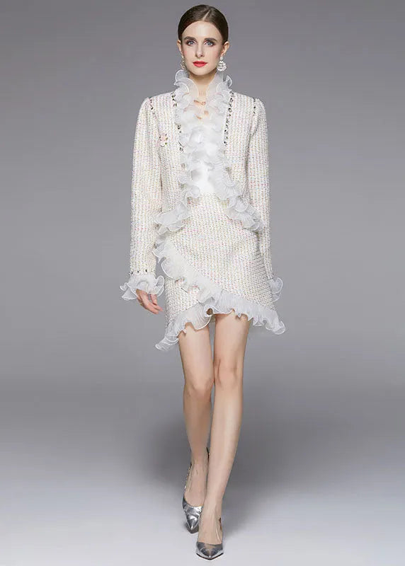 Beige Asymmetrical Patchwork Ruffles Woolen Two Piece Suit Set Fall