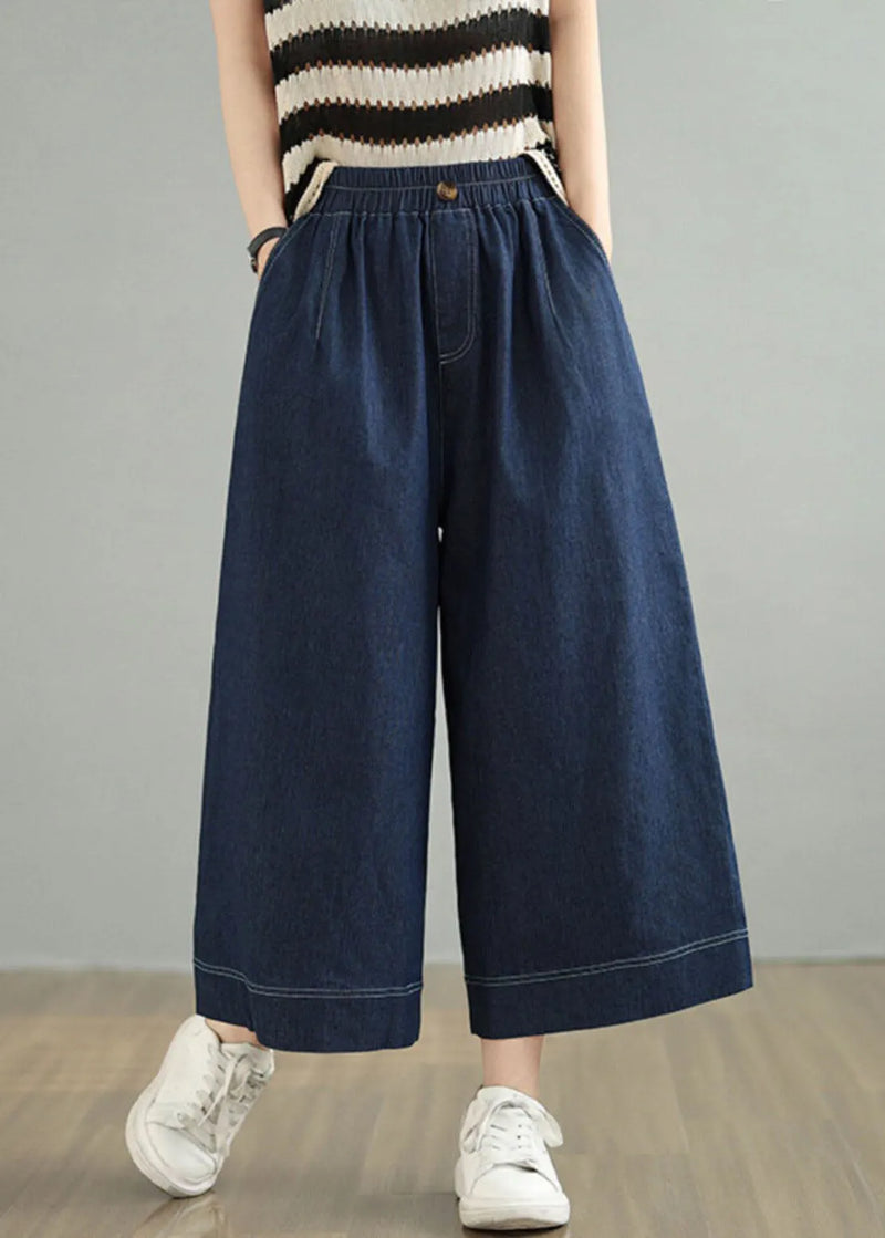 Loose Blue Pockets Elastic Waist Denim Crop Pants Spring