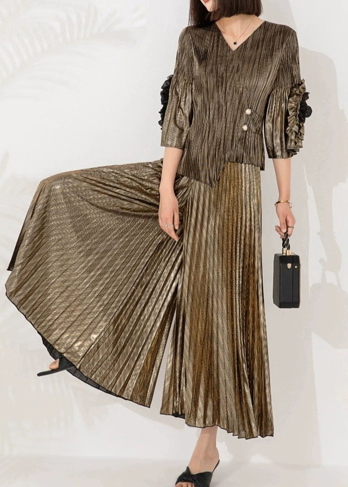 Khaki V Neck Wrinkled Patchwork Silk Two Pieces Set Summer