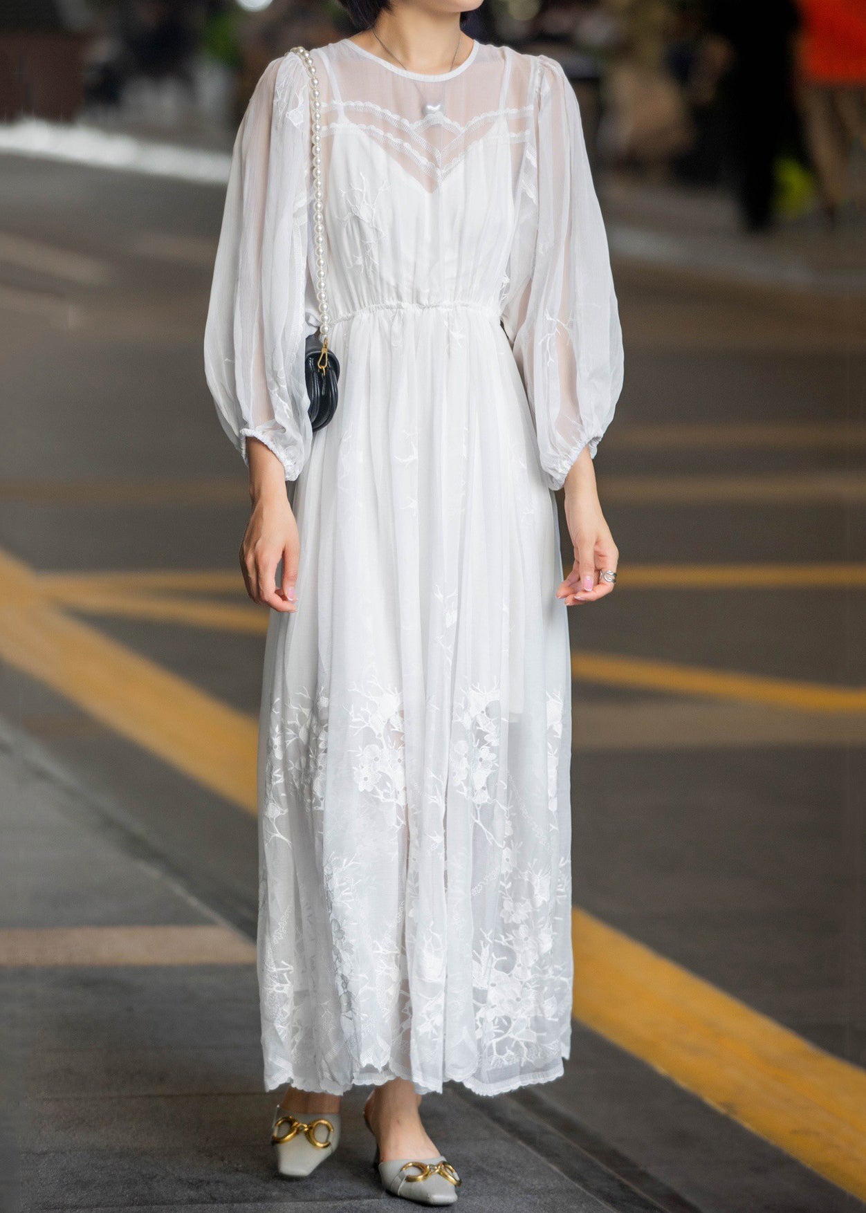 New White Lace Embroidered Lace Up Chiffon Long Dress Spring