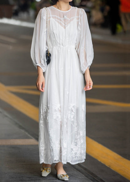 New White Lace Embroidered Lace Up Chiffon Long Dress Spring