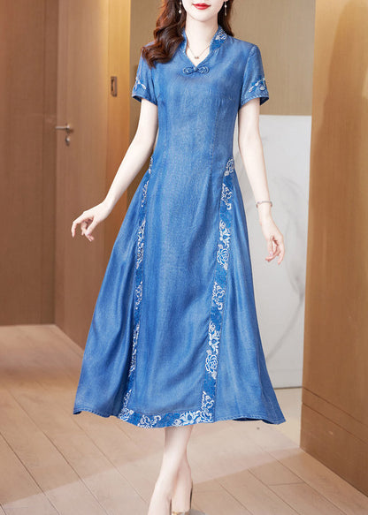 Blue Stand Collar Embroideried Butto Silk Denim Maxi Dresses Short Sleeve