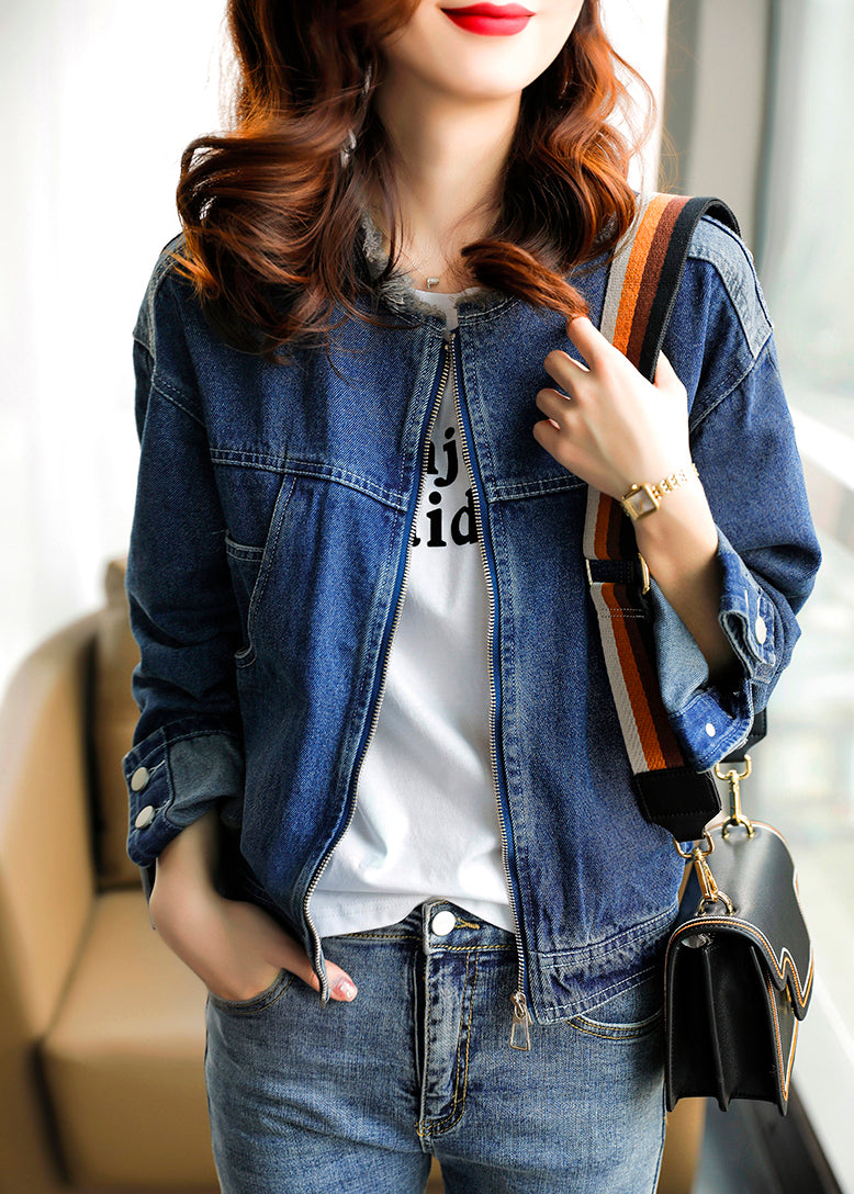 Vogue Blue O-neck Patchwork Zippered Cotton Hooded Denim Coat Long Sleeve