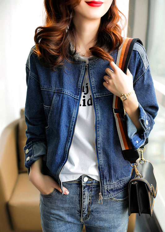 Vogue Blue O-neck Patchwork Zippered Cotton Hooded Denim Coat Long Sleeve