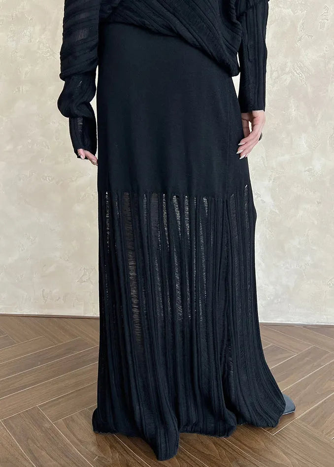 Grey Elastic Waist Hollow Out Patchwork Maxi Skirts Fall