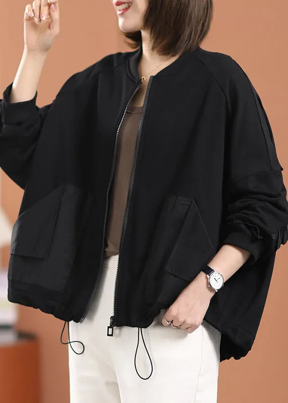 Diy Black O-neck Zippered Pockets Cotton Coats Long Sleeve